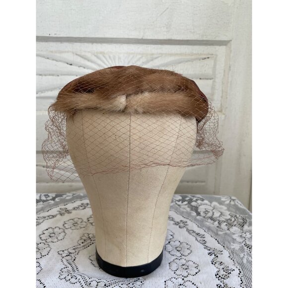 Vintage 1950s Brown Mink Fur Hat With Satin Bow Netting main image 7